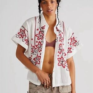 Free People Wildflower Embroidered Top We the Free Cuffed Sleeve White Blouse M